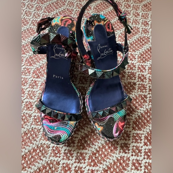 NWOT Christian Louboutin Pyraclou 110 Black Starlight Platform Wedge Sandals - Picture 4 of 7